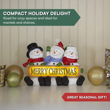 Load image into Gallery viewer, VP Home Glowing Merry Christmas Sign Trio LED Snowman Decor Christmas Figurines Resin Lighted Snowman Decorations Holiday Light up Snowman Indoor Festive Fiber Optic Decorations