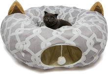 Load image into Gallery viewer, Large Cat Tunnel Bed with Plush Cover, Fluffy Toy Balls, Small Cushion and Flexible Design- 10 Inch Diameter, 3 Ft Length- Great for Cats, and Small Dogs, Gray Geometric Figure