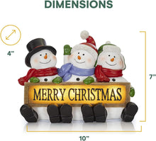 Load image into Gallery viewer, VP Home Glowing Merry Christmas Sign Trio LED Snowman Decor Christmas Figurines Resin Lighted Snowman Decorations Holiday Light up Snowman Indoor Festive Fiber Optic Decorations