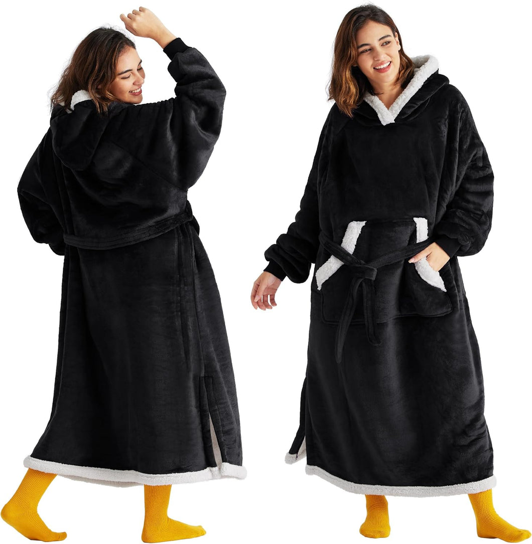 Bedsure Ovesized Wearable Blanket Hoodie, Long Sherpa Fleece Blanket Sweatshirt, with Warm Big Hood, Side Split and Belt, Black, Standard Adult