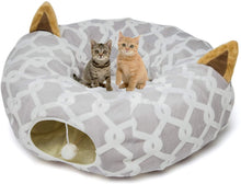 Load image into Gallery viewer, Large Cat Tunnel Bed with Plush Cover, Fluffy Toy Balls, Small Cushion and Flexible Design- 10 Inch Diameter, 3 Ft Length- Great for Cats, and Small Dogs, Gray Geometric Figure