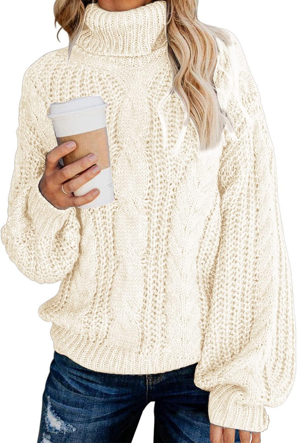 Fashionme Chic Ballon Sleeve Winter Turtleneck Chunky Sweater Slouchy Oversized Loose Pullover Outerwear Warm Thick