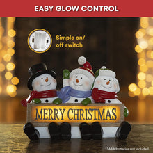 Load image into Gallery viewer, VP Home Glowing Merry Christmas Sign Trio LED Snowman Decor Christmas Figurines Resin Lighted Snowman Decorations Holiday Light up Snowman Indoor Festive Fiber Optic Decorations