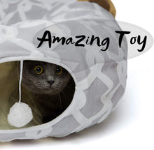 Load image into Gallery viewer, Large Cat Tunnel Bed with Plush Cover, Fluffy Toy Balls, Small Cushion and Flexible Design- 10 Inch Diameter, 3 Ft Length- Great for Cats, and Small Dogs, Gray Geometric Figure