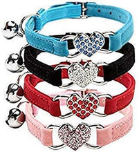 Load image into Gallery viewer, Pink Soft Velvet Safe Cat Adjustable Collar with Crystal Heart Charm and Bells 8-11 Inches(Black+Red+Pink+Blue)