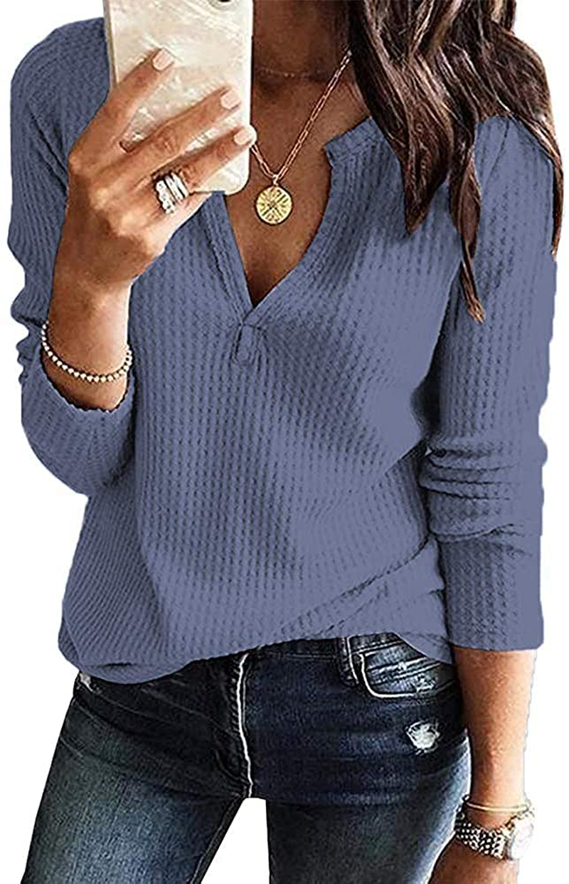 Women's V Neck Waffle Knit Loose Fitting Tops