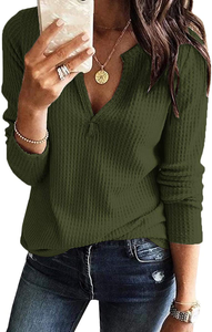 Women's V Neck Waffle Knit Loose Fitting Tops